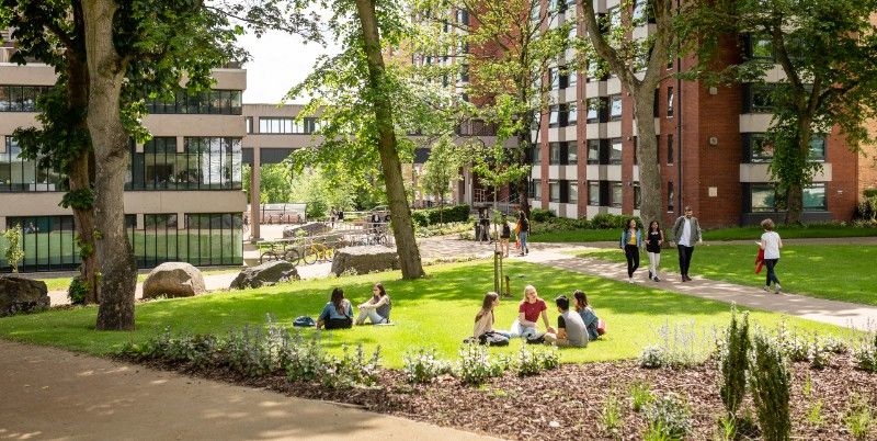 Image of green space on campus on a sunny day. 2 groups of students are sitting on the lawn chatting whilst others walk past.