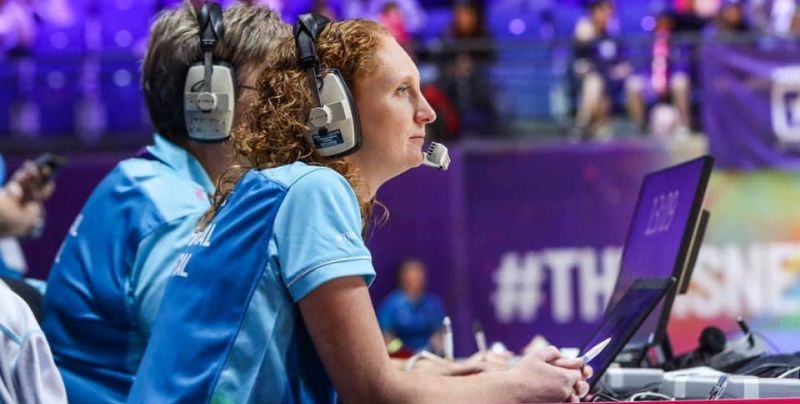 Kathy Fairclough sits courtside to officiate at the netball world cup