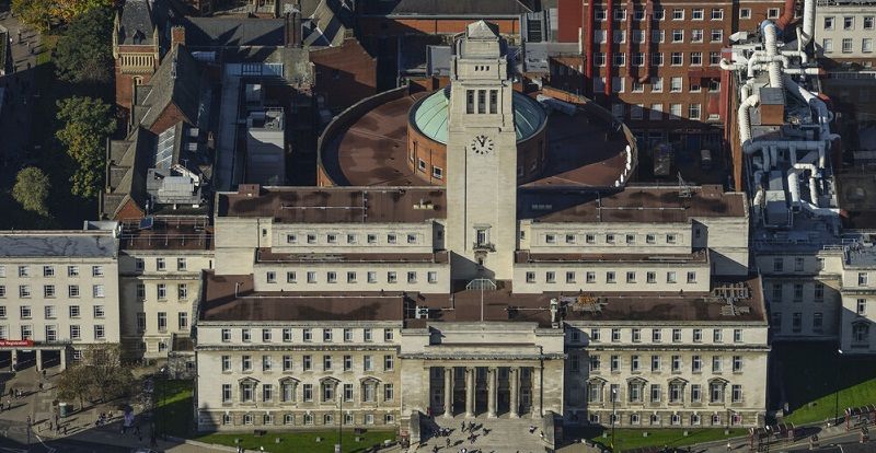 Aerial photography of Parkinson building and the University of Leeds campus