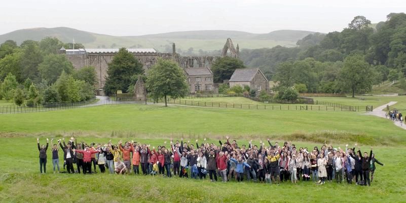 Large group of students at Bolton Abbey, in the Yorkshire Dales.
