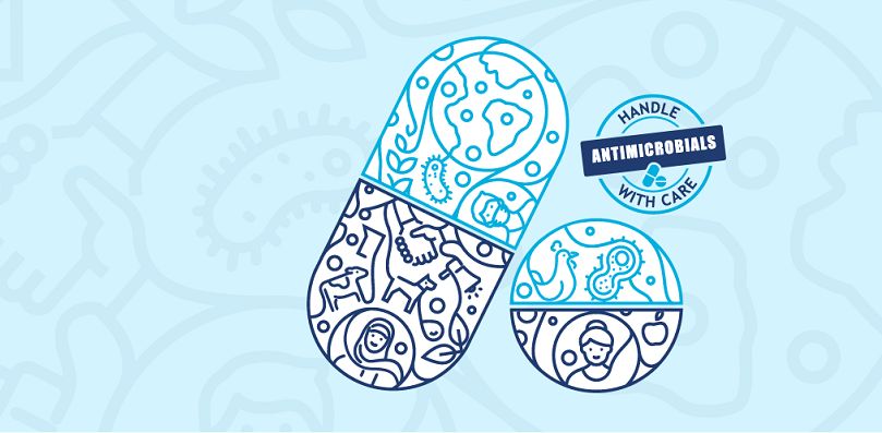 Blue World Antimicrobial Resistance Week banner with a blue graphic pill capsule and a logo that says &#039;Handle microbials with care&#039;