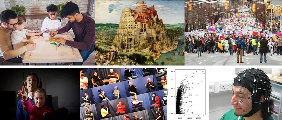 •	Seven images displaying: dads playing with children, Tower of Babel, crowd manifesting in a street, child doing linguistic experiment, sign language interactions, data figure, participant in EEG experiment.